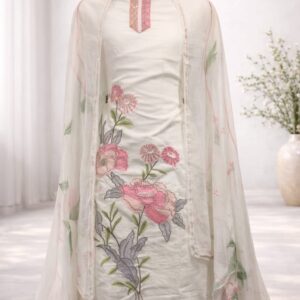 Elegant Off-White Roman Silk Machine Embroidered Suit with Floral Design & Dupatta