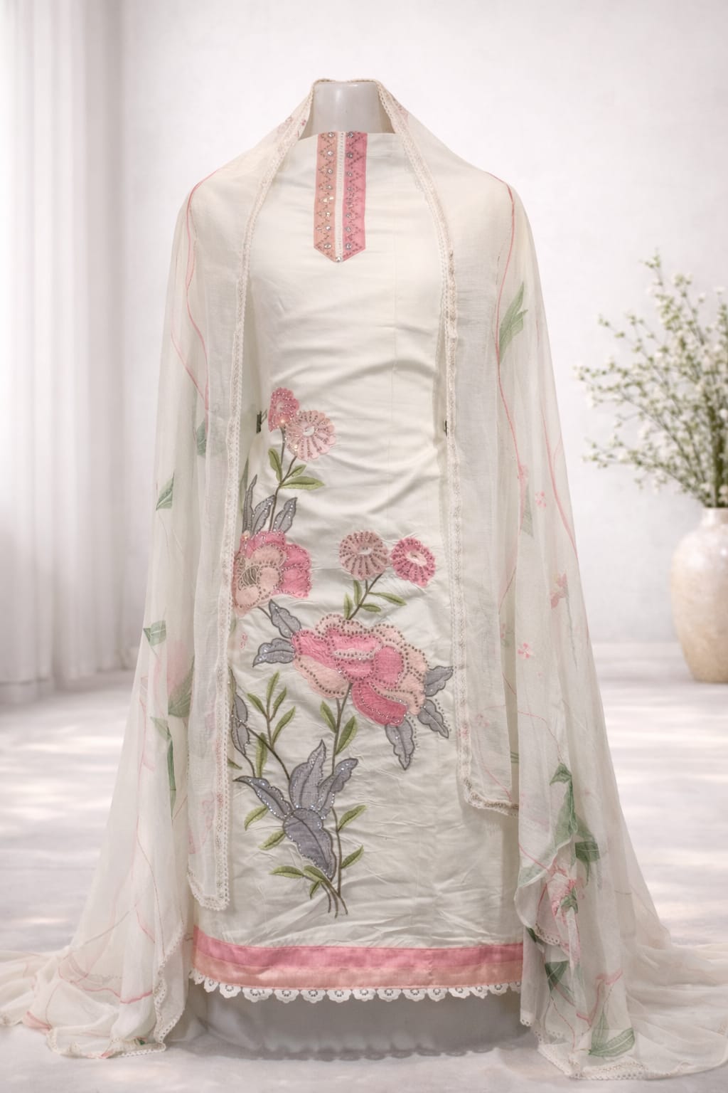Elegant Off-White Roman Silk Machine Embroidered Suit with Floral Design & Dupatta