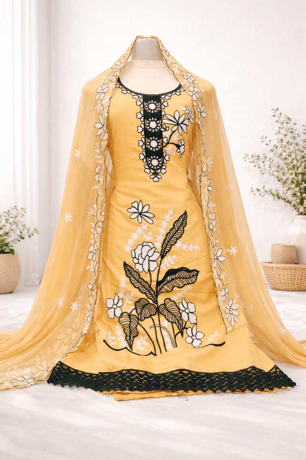 Yellow Roman Silk Embroidered Suit Set with Thread Work & Matching Dupatta